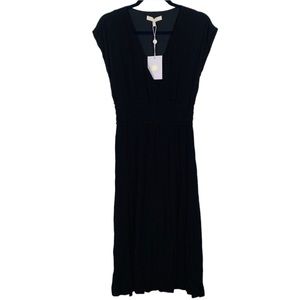 WAYF midi black dress deep v neck elastic waist detail short sleeve size XS NWT